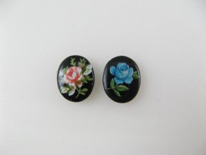 画像1: Vintage Porcelain Black Floral Cabochon 10x8mm