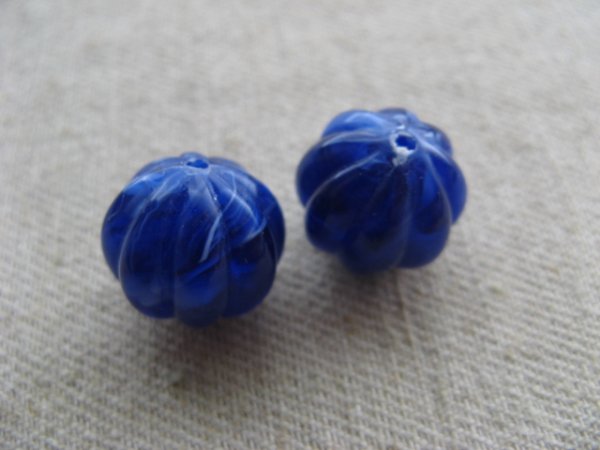 画像1: Vintage Carved Blue Marble Melon Beads (1)